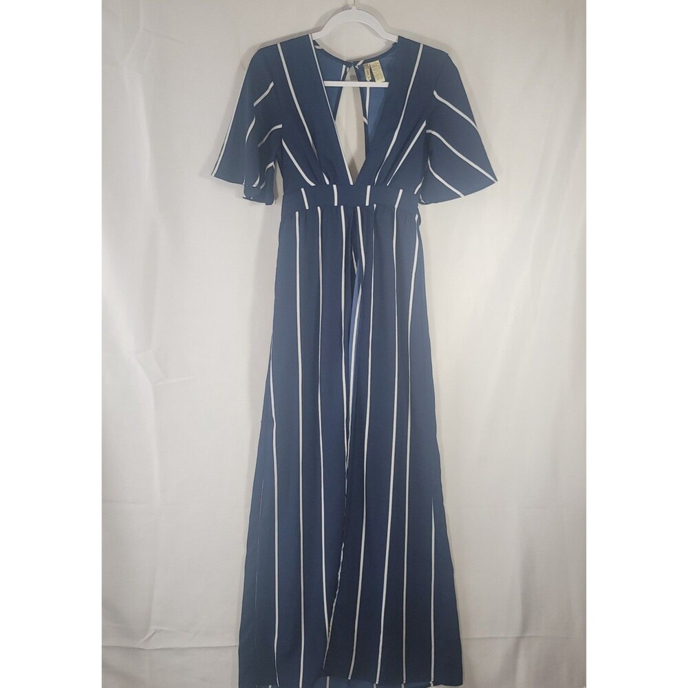 Japna Navy Blue White Striped Split-Front Romper Maxi Dress Plunging VNeck Small